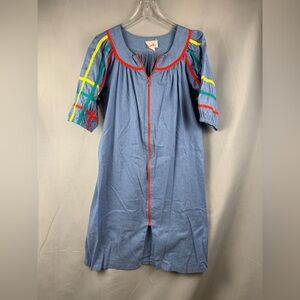 Vintage Smart Time House Coat Blue Zip Front Retro Stripe Sleeve Duster